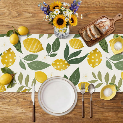 Lemon Tree Flower Summer Table Runner, Sunshine Eucalyptus Leaves Polka Dot Seasonal Holiday Kitchen Dining Table Decoration for Home Party Indoor (13 x 72 inch)