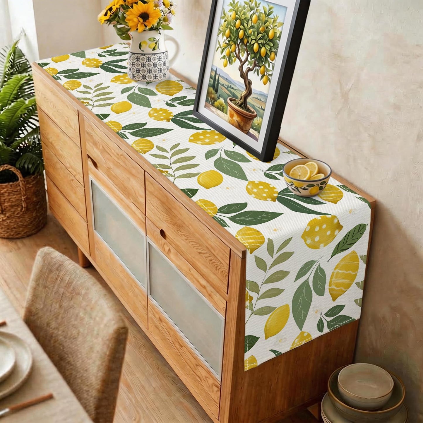 Lemon Tree Flower Summer Table Runner, Sunshine Eucalyptus Leaves Polka Dot Seasonal Holiday Kitchen Dining Table Decoration for Home Party Indoor (13 x 72 inch)