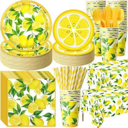 452 Pcs Lemon Party Decorations, Yellow Lemons Paper Plates Napkins Cups Tablecloth Cutlery Straws for Summer Fruit Theme Birthday Wedding Baby Shower Party Supplies, Serves 50