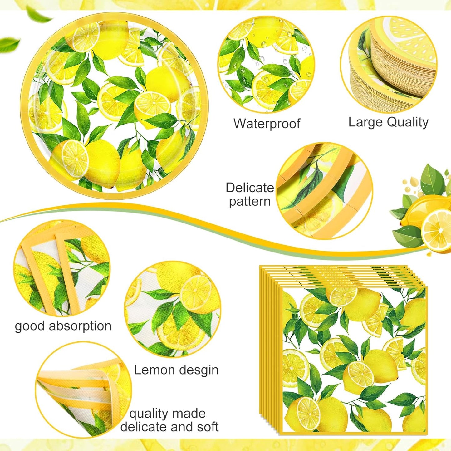 452 Pcs Lemon Party Decorations, Yellow Lemons Paper Plates Napkins Cups Tablecloth Cutlery Straws for Summer Fruit Theme Birthday Wedding Baby Shower Party Supplies, Serves 50
