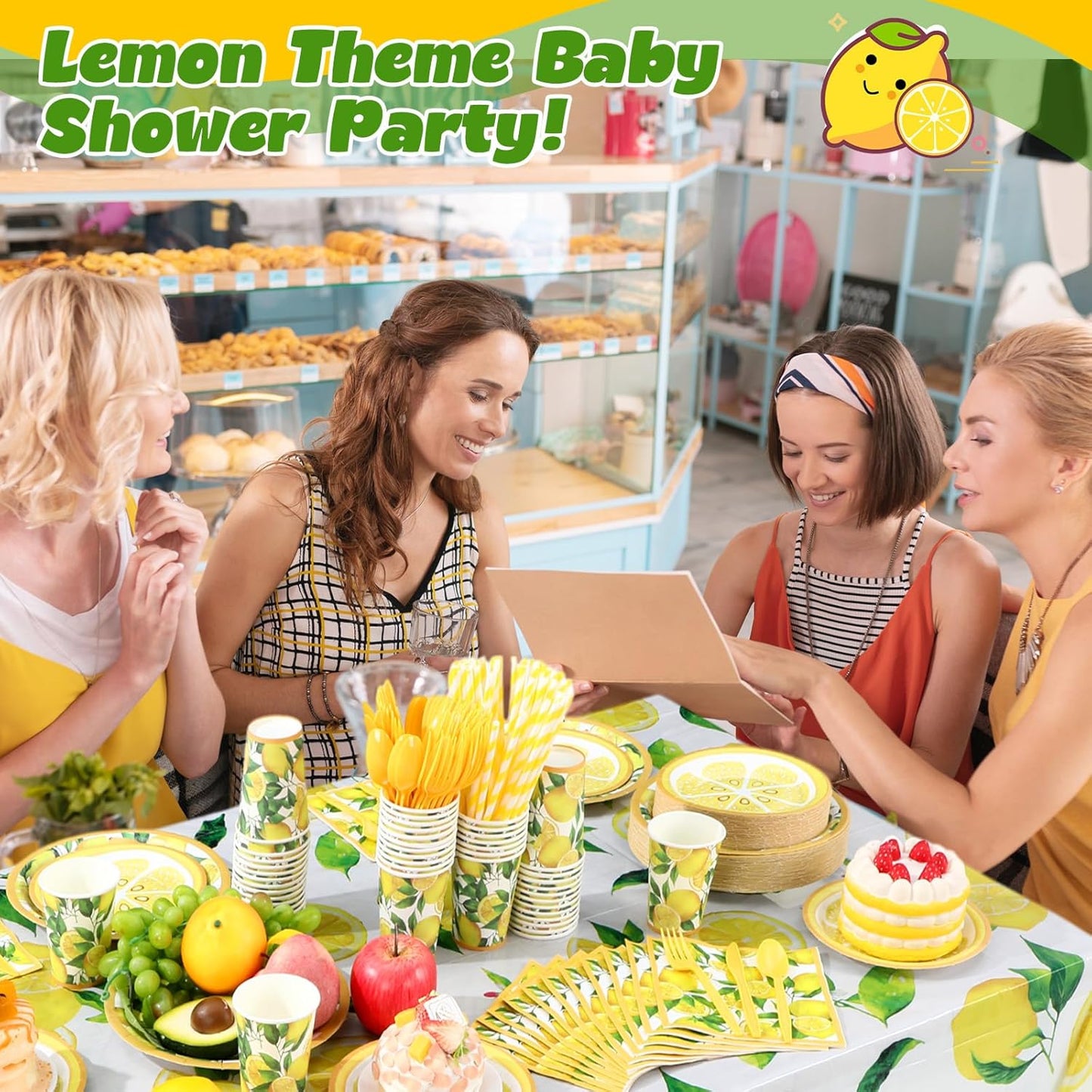 452 Pcs Lemon Party Decorations, Yellow Lemons Paper Plates Napkins Cups Tablecloth Cutlery Straws for Summer Fruit Theme Birthday Wedding Baby Shower Party Supplies, Serves 50