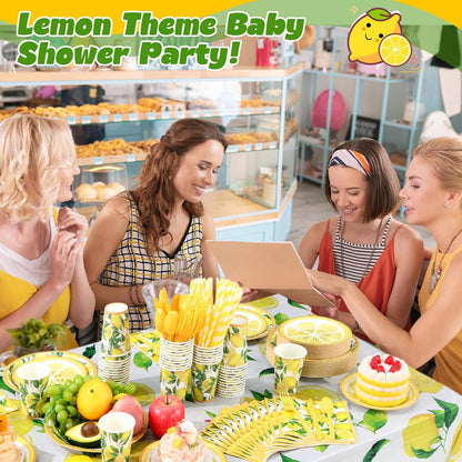 452 Pcs Lemon Party Decorations, Yellow Lemons Paper Plates Napkins Cups Tablecloth Cutlery Straws for Summer Fruit Theme Birthday Wedding Baby Shower Party Supplies, Serves 50