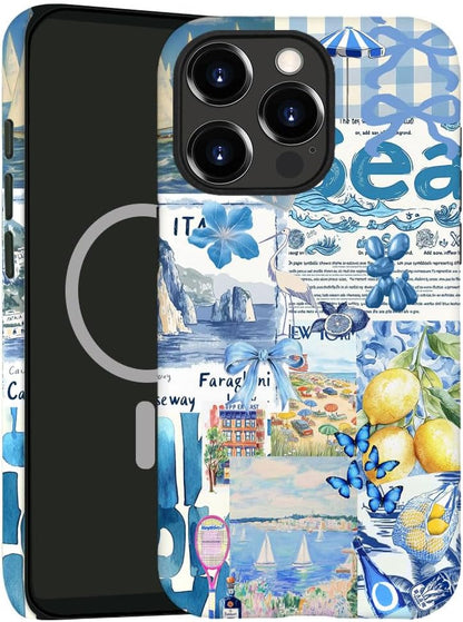 Magnetic Case for iPhone 14 Pro,Hybrid 2-Layer Hard Shell,Shockproof for Girl Women [Compatible with MagSafe] - Summer Collage Blue Bow Lemon