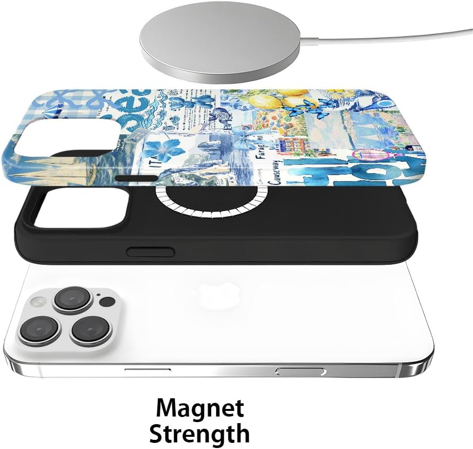 Magnetic Case for iPhone 14 Pro,Hybrid 2-Layer Hard Shell,Shockproof for Girl Women [Compatible with MagSafe] - Summer Collage Blue Bow Lemon