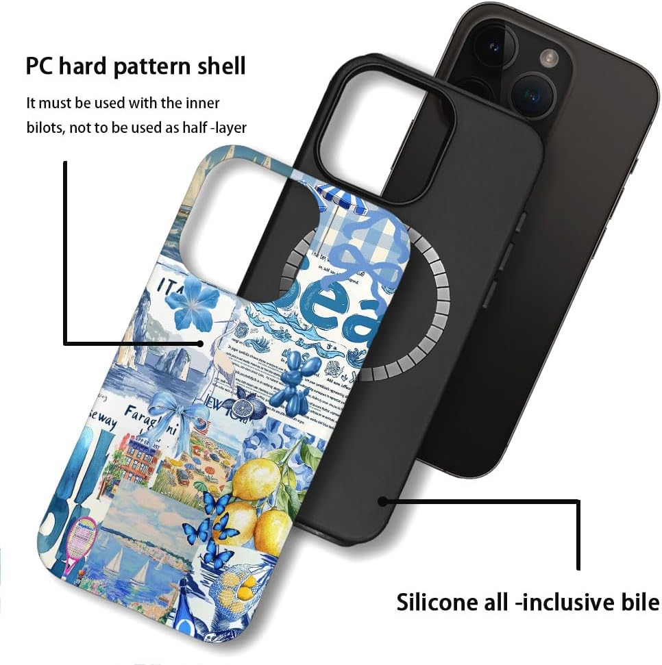 Magnetic Case for iPhone 14 Pro,Hybrid 2-Layer Hard Shell,Shockproof for Girl Women [Compatible with MagSafe] - Summer Collage Blue Bow Lemon