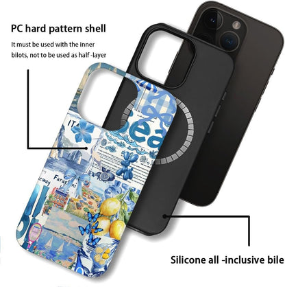 Magnetic Case for iPhone 14 Pro,Hybrid 2-Layer Hard Shell,Shockproof for Girl Women [Compatible with MagSafe] - Summer Collage Blue Bow Lemon