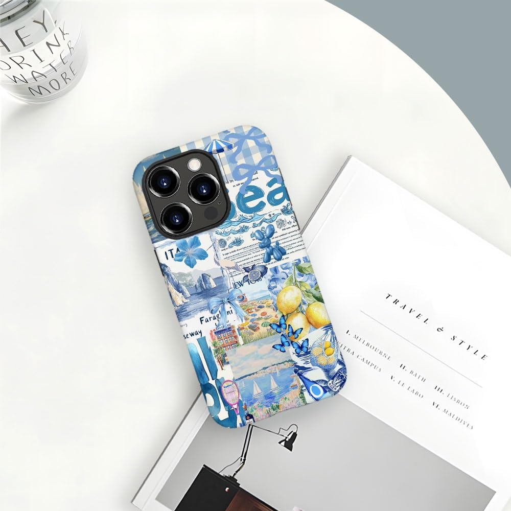 Magnetic Case for iPhone 14 Pro,Hybrid 2-Layer Hard Shell,Shockproof for Girl Women [Compatible with MagSafe] - Summer Collage Blue Bow Lemon