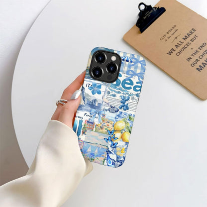 Magnetic Case for iPhone 14 Pro,Hybrid 2-Layer Hard Shell,Shockproof for Girl Women [Compatible with MagSafe] - Summer Collage Blue Bow Lemon