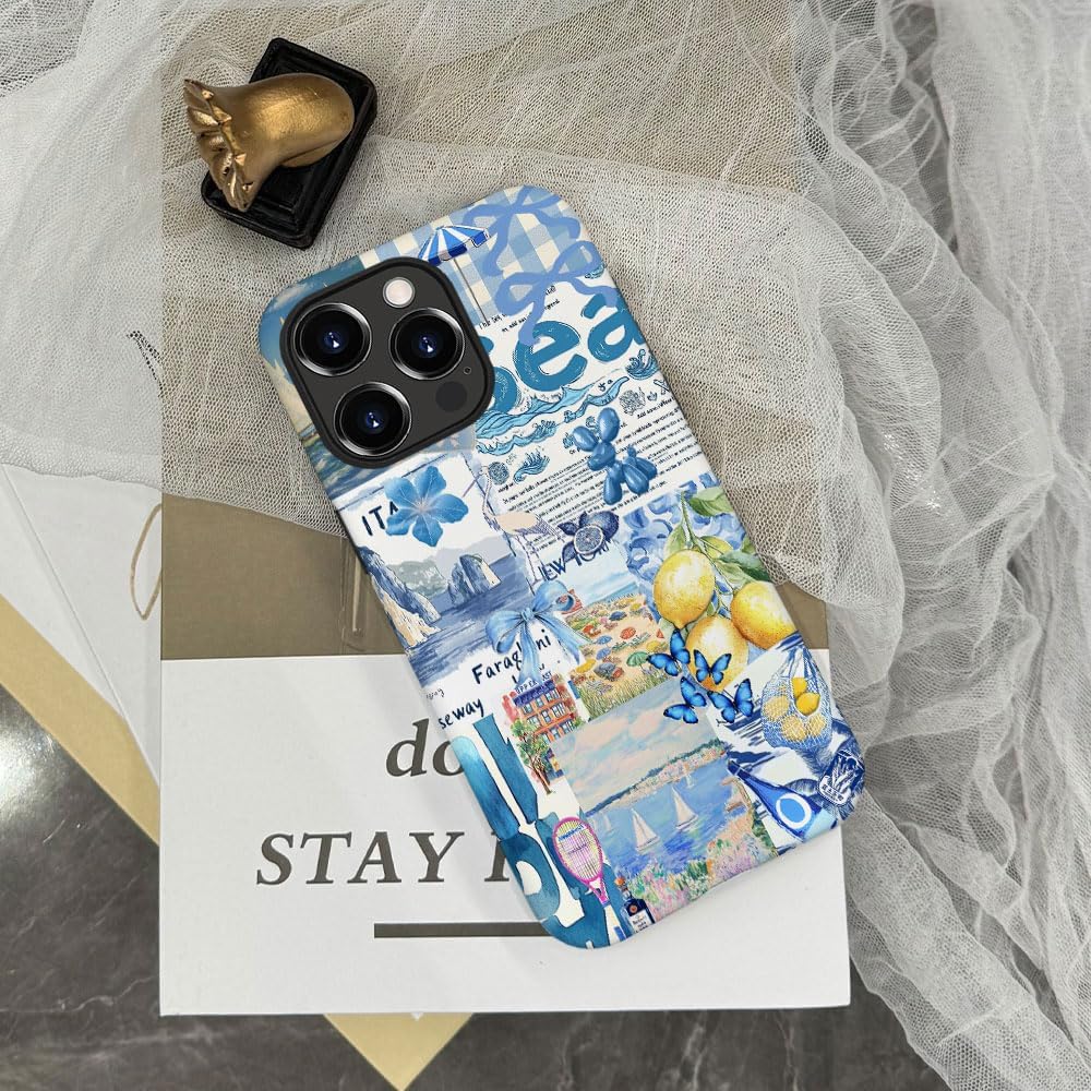 Magnetic Case for iPhone 14 Pro,Hybrid 2-Layer Hard Shell,Shockproof for Girl Women [Compatible with MagSafe] - Summer Collage Blue Bow Lemon