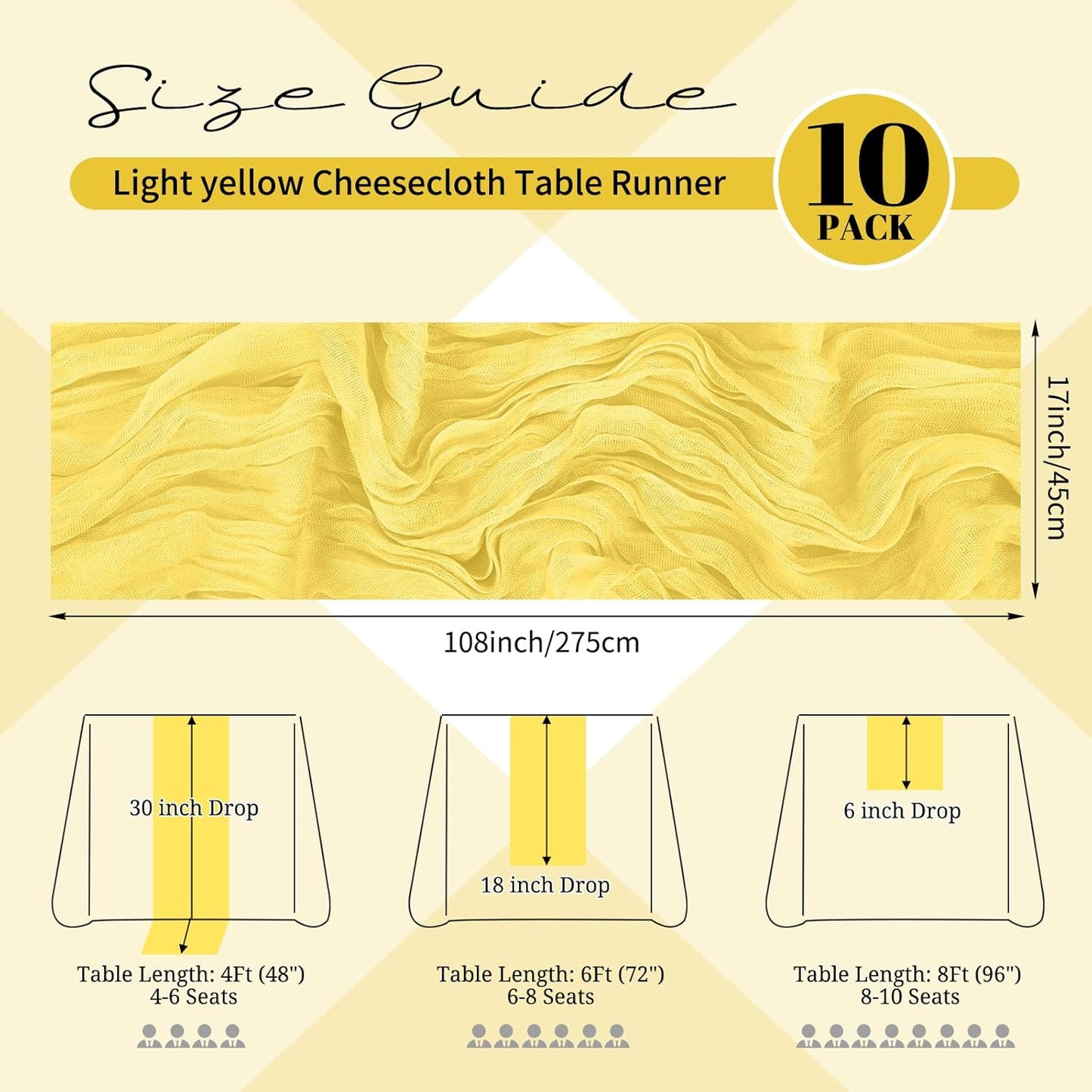 10 Pack Light Yellow Cheesecloth Table Runner 17x108 Inch Boho Gauze Cheese Cloth Table Runners for Wedding Party Baby Shower Birthday Home Decor