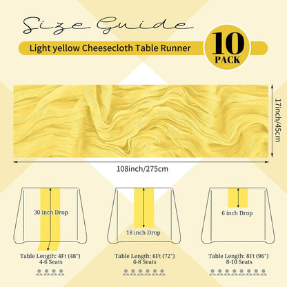 10 Pack Light Yellow Cheesecloth Table Runner 17x108 Inch Boho Gauze Cheese Cloth Table Runners for Wedding Party Baby Shower Birthday Home Decor