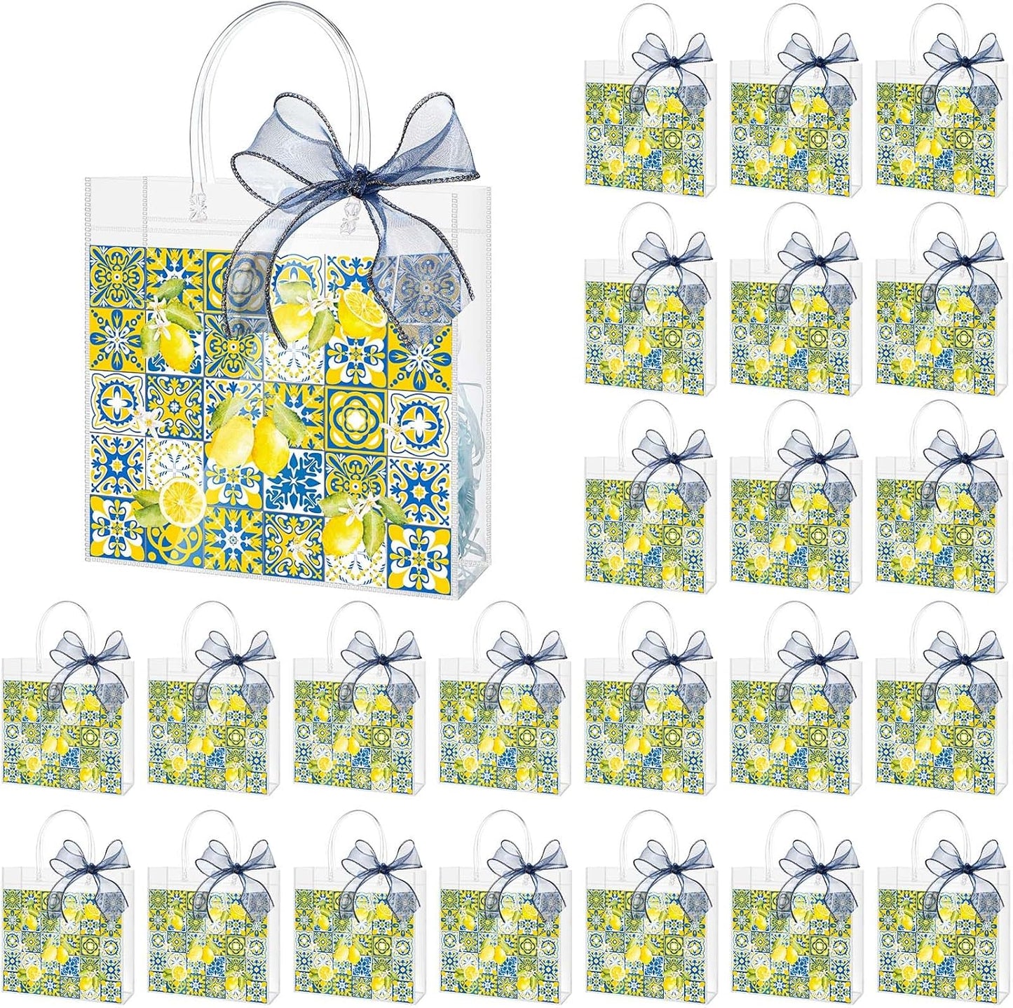 24 Pcs Capri Lemon Clear PVC Gift Bags Bulk with Handle, Amalfi Coast Party Decor Blue Yellow Tiles Mediterranean Treat Tote for Birthday Summer Wedding Party Supplies, 7.9" x 7.9" x 3.2"