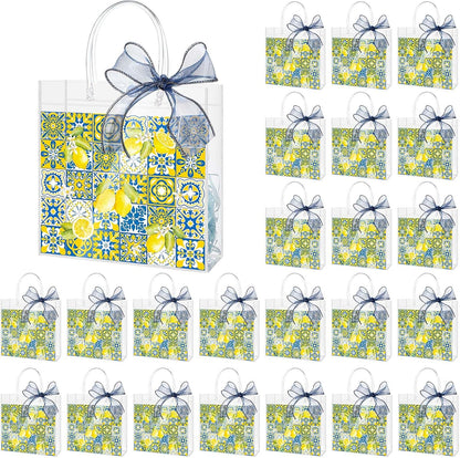 24 Pcs Capri Lemon Clear PVC Gift Bags Bulk with Handle, Amalfi Coast Party Decor Blue Yellow Tiles Mediterranean Treat Tote for Birthday Summer Wedding Party Supplies, 7.9" x 7.9" x 3.2"