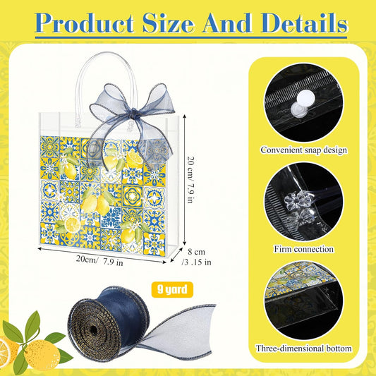 24 Pcs Capri Lemon Clear PVC Gift Bags Bulk with Handle, Amalfi Coast Party Decor Blue Yellow Tiles Mediterranean Treat Tote for Birthday Summer Wedding Party Supplies, 7.9" x 7.9" x 3.2"