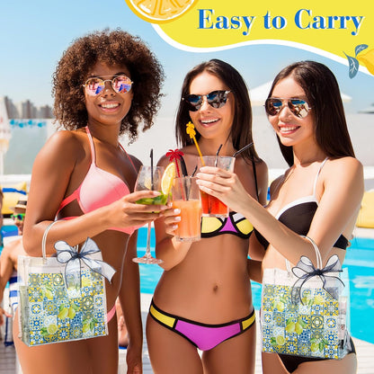 24 Pcs Capri Lemon Clear PVC Gift Bags Bulk with Handle, Amalfi Coast Party Decor Blue Yellow Tiles Mediterranean Treat Tote for Birthday Summer Wedding Party Supplies, 7.9" x 7.9" x 3.2"