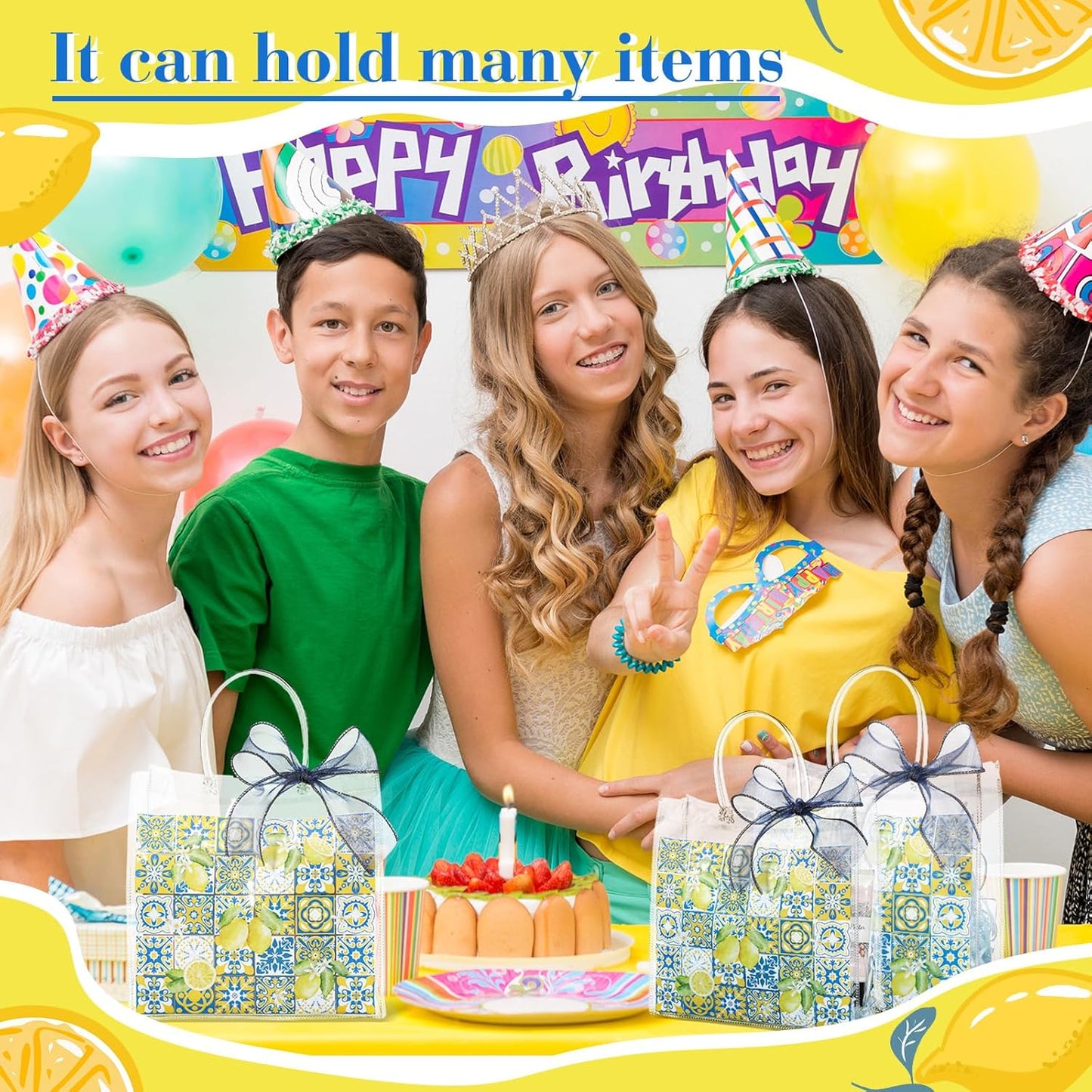 24 Pcs Capri Lemon Clear PVC Gift Bags Bulk with Handle, Amalfi Coast Party Decor Blue Yellow Tiles Mediterranean Treat Tote for Birthday Summer Wedding Party Supplies, 7.9" x 7.9" x 3.2"