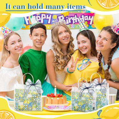 24 Pcs Capri Lemon Clear PVC Gift Bags Bulk with Handle, Amalfi Coast Party Decor Blue Yellow Tiles Mediterranean Treat Tote for Birthday Summer Wedding Party Supplies, 7.9" x 7.9" x 3.2"
