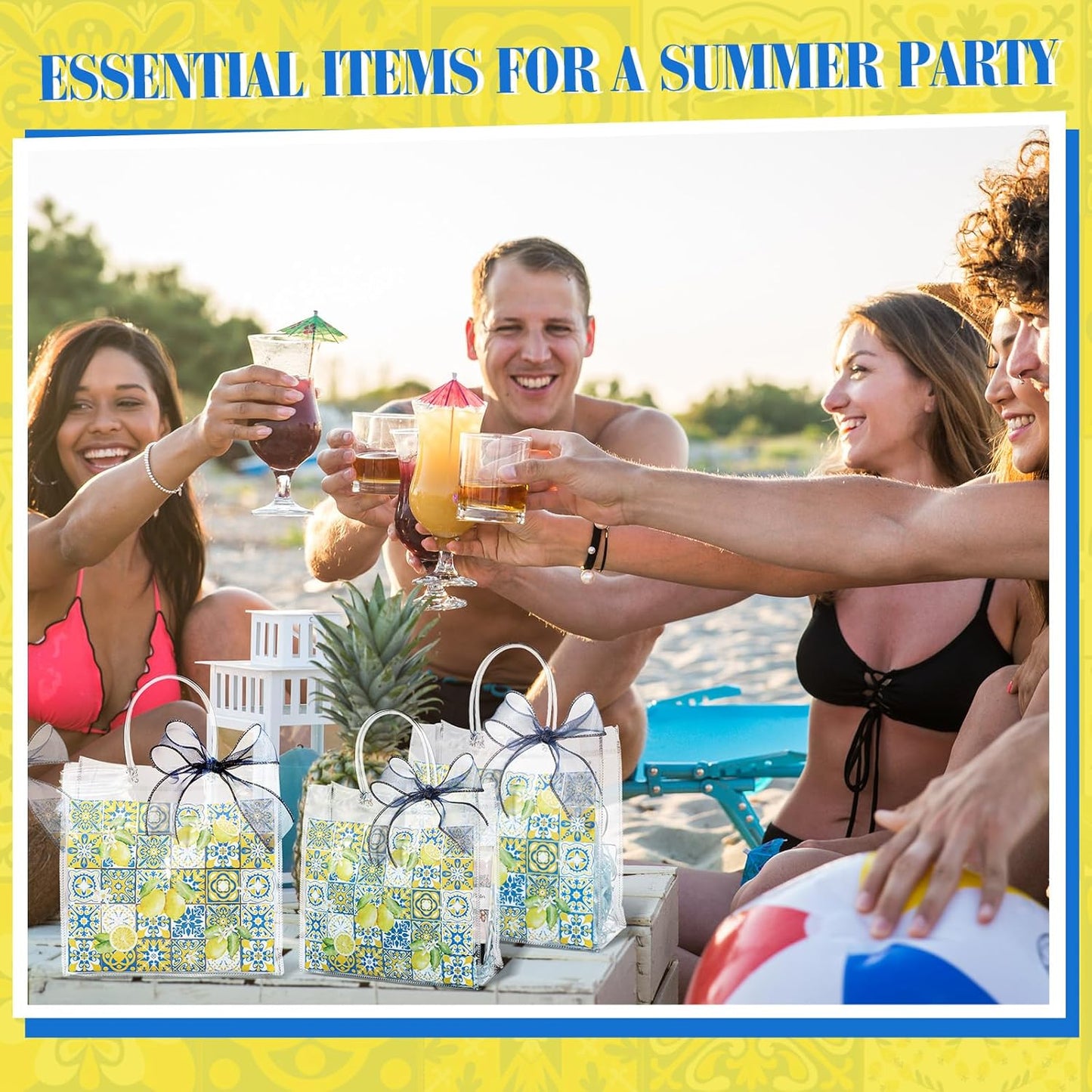 24 Pcs Capri Lemon Clear PVC Gift Bags Bulk with Handle, Amalfi Coast Party Decor Blue Yellow Tiles Mediterranean Treat Tote for Birthday Summer Wedding Party Supplies, 7.9" x 7.9" x 3.2"