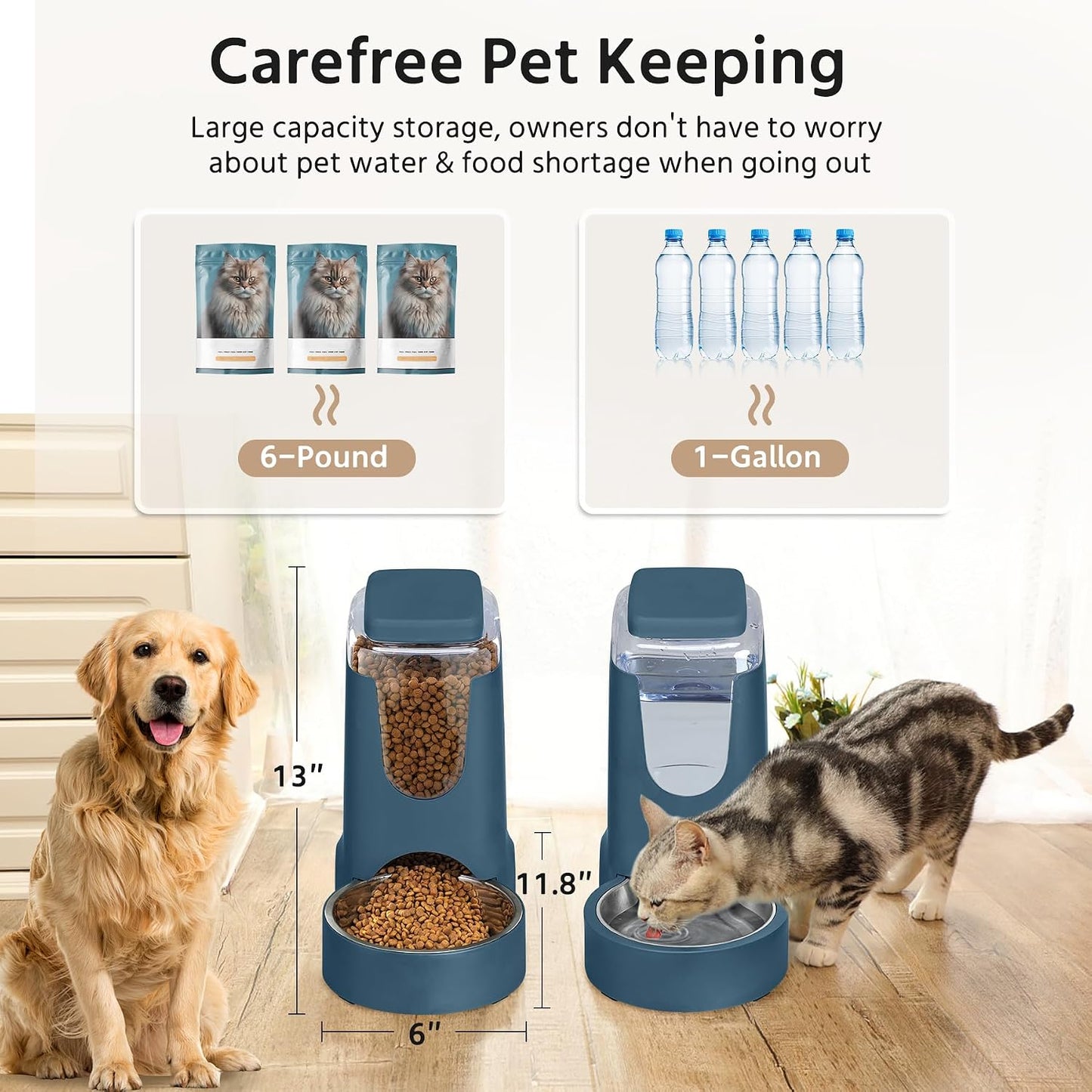 2 Pack Automatic Cat Feeder and Dog Food Feeder, Gravity Stainless Steel Water Dispenser and Waterer Set for Small Medium Puppy Kitten Pets (1 Gallon x 2, Navy Blue)