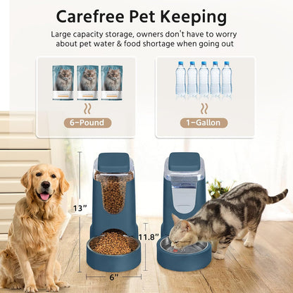 2 Pack Automatic Cat Feeder and Dog Food Feeder, Gravity Stainless Steel Water Dispenser and Waterer Set for Small Medium Puppy Kitten Pets (1 Gallon x 2, Navy Blue)