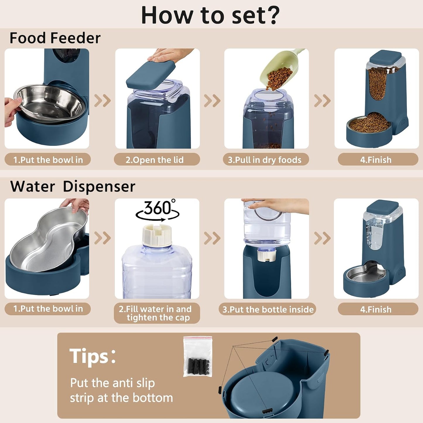 2 Pack Automatic Cat Feeder and Dog Food Feeder, Gravity Stainless Steel Water Dispenser and Waterer Set for Small Medium Puppy Kitten Pets (1 Gallon x 2, Navy Blue)