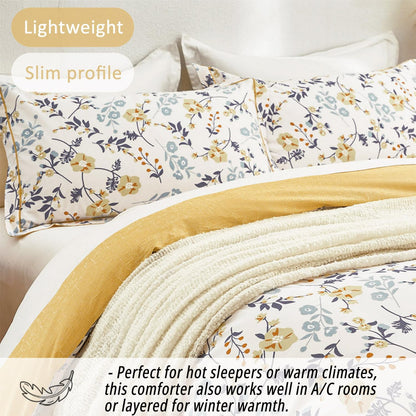 LEMIROE Yellow Floral Cotton Comforter King Size - Orange, Blue & Slate Gray Botanical Pattern on Off White, Reversible Design, 3PC Lightweight Bedding Set with Soft Alternative Fill (King)