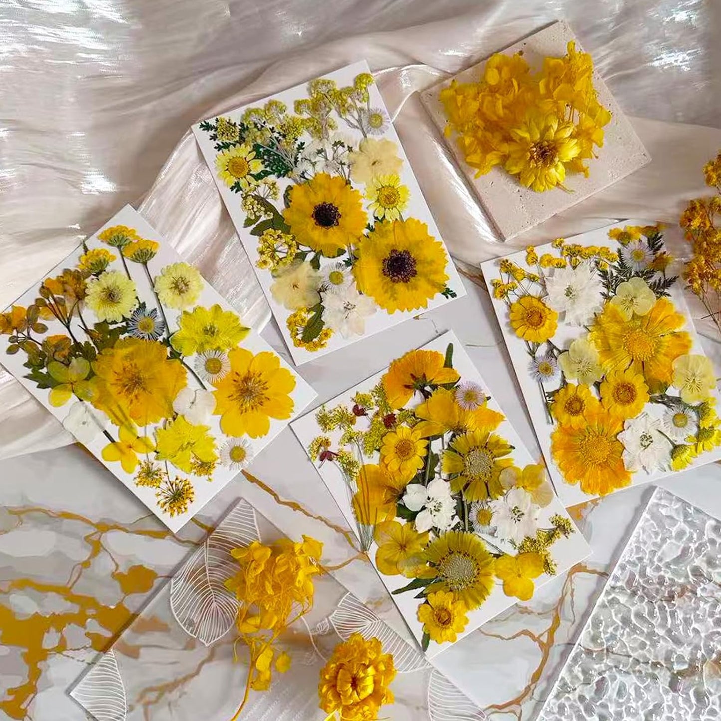 132Pcs Yellow Pressed Dried Flowers and Butterfly for Resin Molds, Real Natural Bulk Dry Floral Leaves Stickers for DIY Art Crafts, Jewelry, Candle, Soap Crafts Making