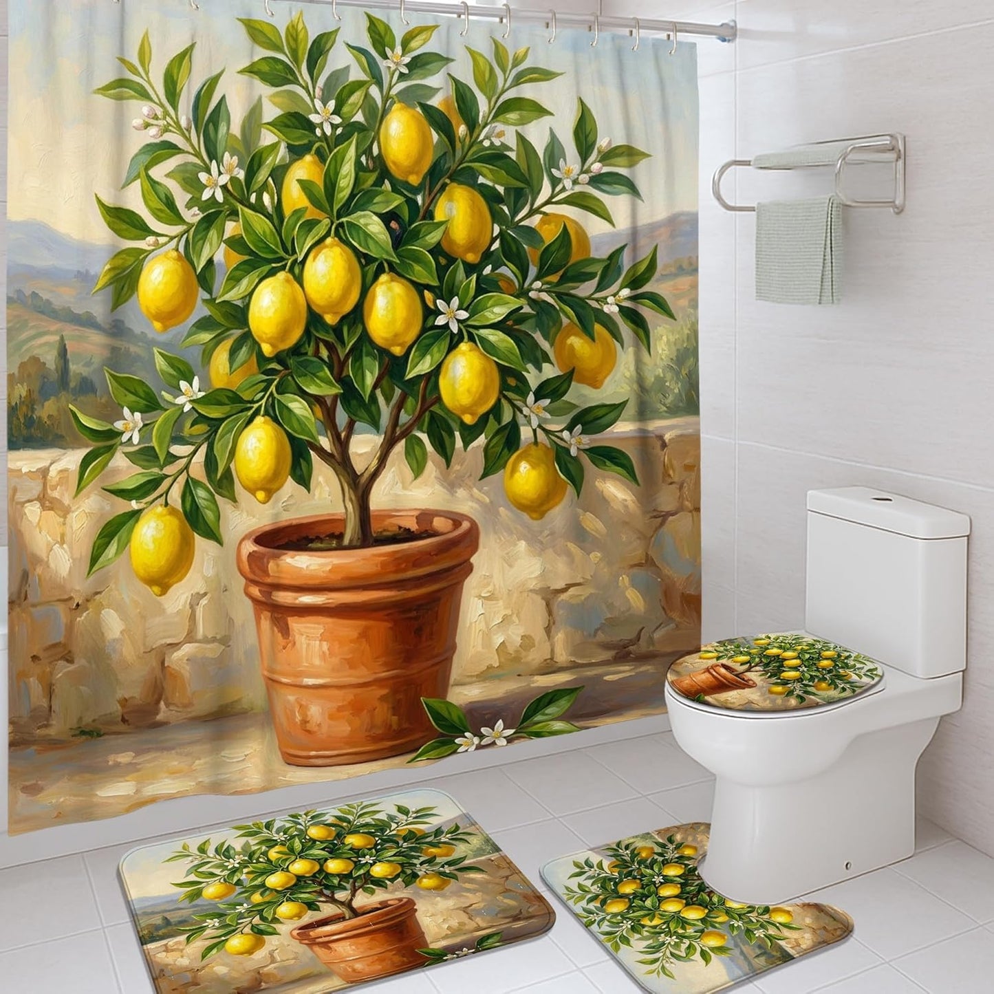 Lemon Shower Curtain Sets, Nature Realistic Leaves Flower Summer Yellow Waterproof Fabric Bathroom Set with Print Cloth Curtains and Rugs Decorative for Toile Guest Room 72x72 Inch