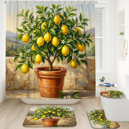 Lemon Shower Curtain Sets, Nature Realistic Leaves Flower Summer Yellow Waterproof Fabric Bathroom Set with Print Cloth Curtains and Rugs Decorative for Toile Guest Room 72x72 Inch