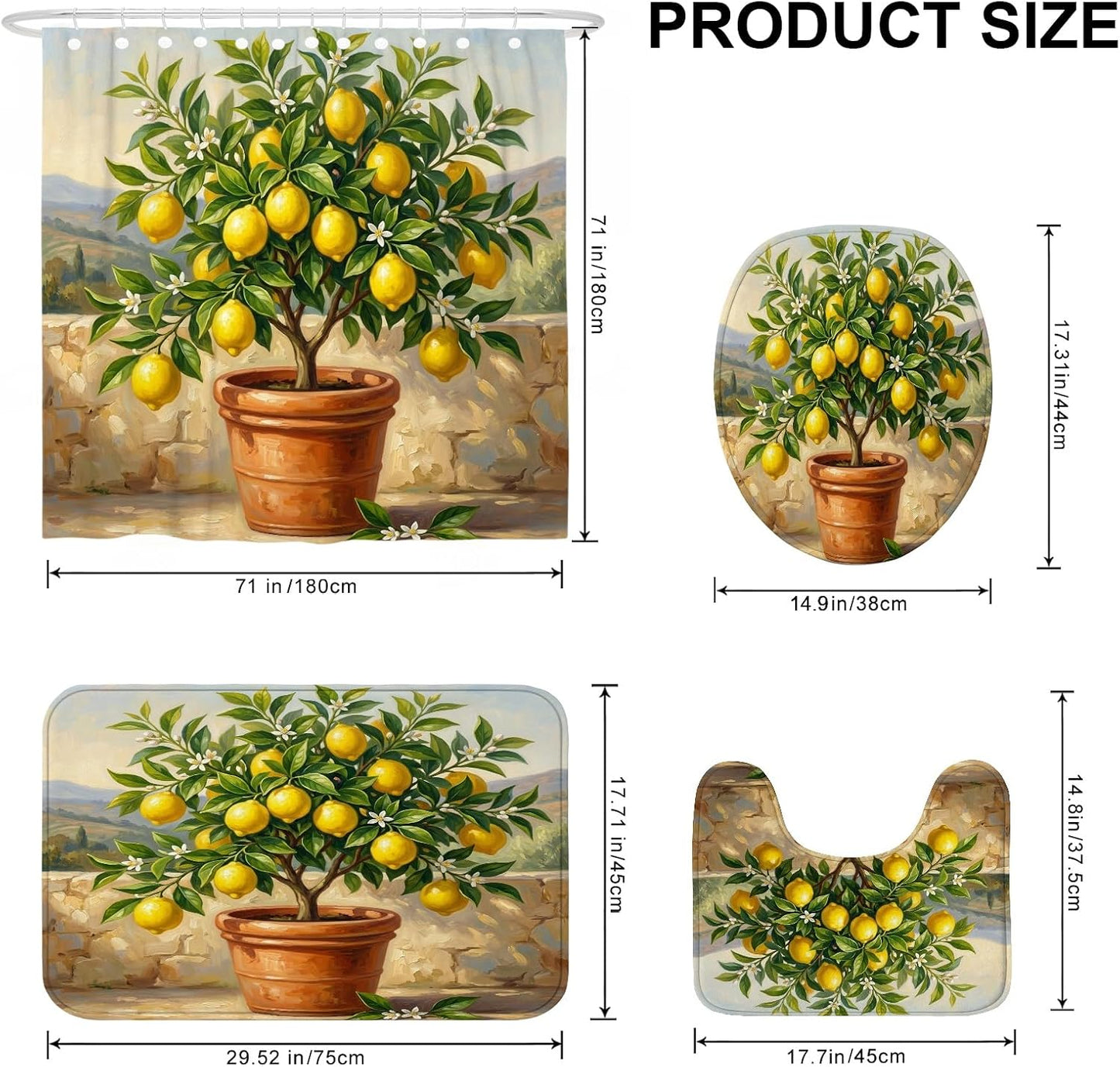Lemon Shower Curtain Sets, Nature Realistic Leaves Flower Summer Yellow Waterproof Fabric Bathroom Set with Print Cloth Curtains and Rugs Decorative for Toile Guest Room 72x72 Inch
