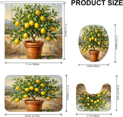 Lemon Shower Curtain Sets, Nature Realistic Leaves Flower Summer Yellow Waterproof Fabric Bathroom Set with Print Cloth Curtains and Rugs Decorative for Toile Guest Room 72x72 Inch