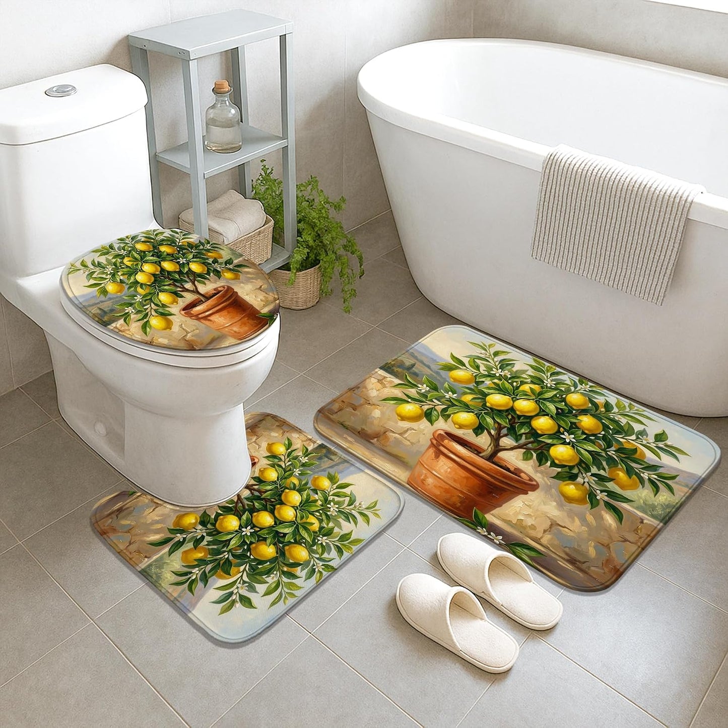 Lemon Shower Curtain Sets, Nature Realistic Leaves Flower Summer Yellow Waterproof Fabric Bathroom Set with Print Cloth Curtains and Rugs Decorative for Toile Guest Room 72x72 Inch