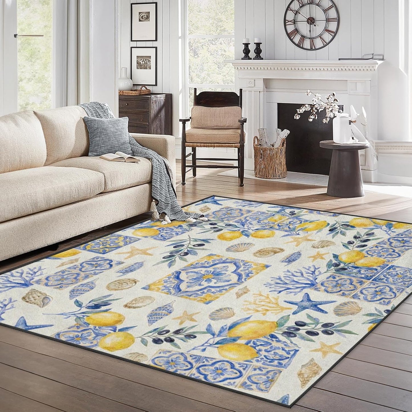 Area Rugs 3'x5' Washable Rug, Mediterranean Lemon Watercolor Stain Resistant Non Slip Backing Coastal Seashell Carpet for Living Room Bedroom Dining Room