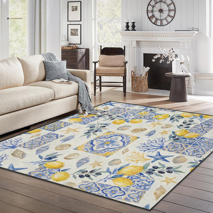 Area Rugs 3'x5' Washable Rug, Mediterranean Lemon Watercolor Stain Resistant Non Slip Backing Coastal Seashell Carpet for Living Room Bedroom Dining Room