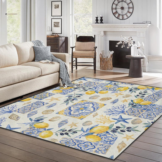 Area Rugs 3'x5' Washable Rug, Mediterranean Lemon Watercolor Stain Resistant Non Slip Backing Coastal Seashell Carpet for Living Room Bedroom Dining Room
