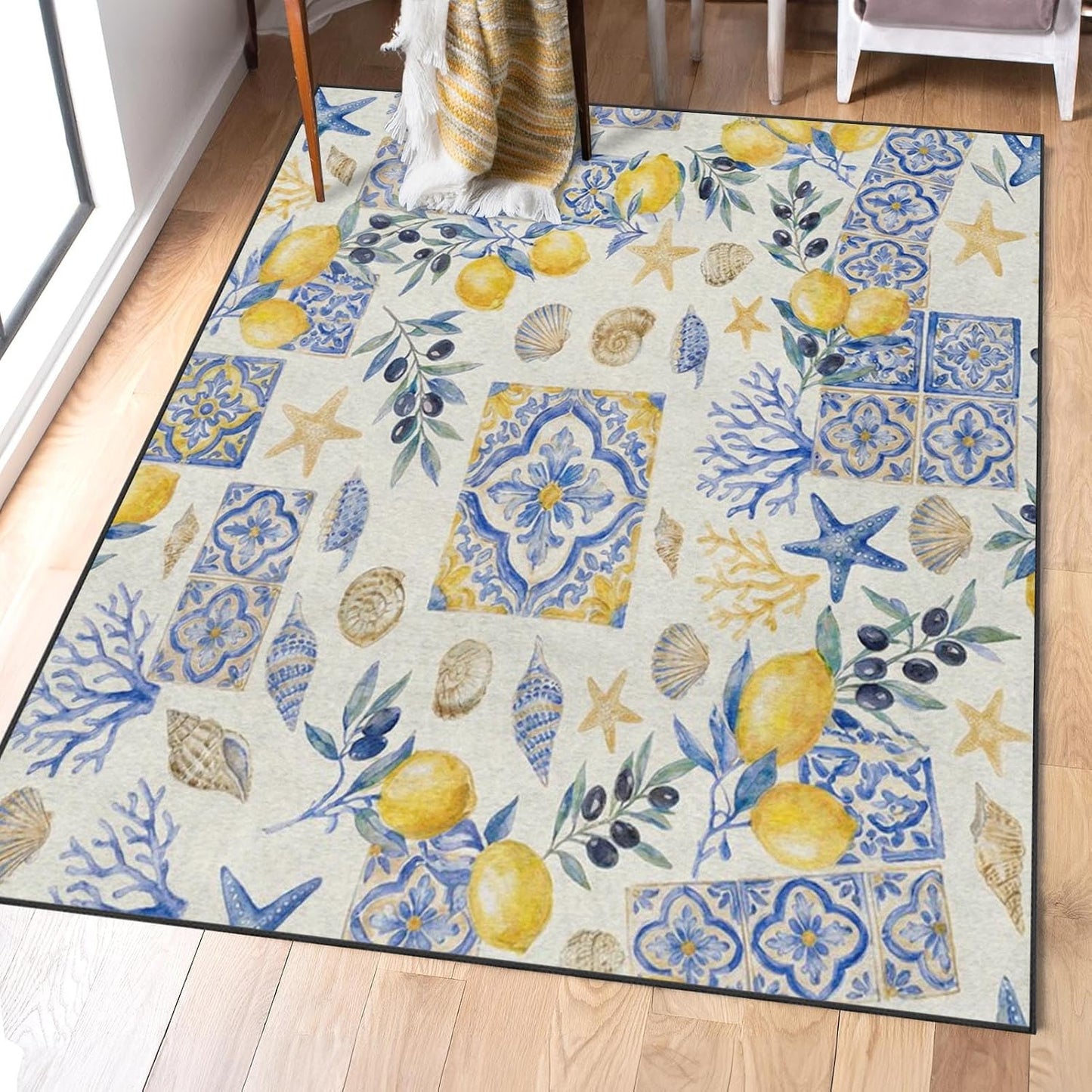 Area Rugs 3'x5' Washable Rug, Mediterranean Lemon Watercolor Stain Resistant Non Slip Backing Coastal Seashell Carpet for Living Room Bedroom Dining Room