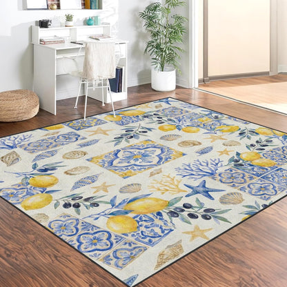 Area Rugs 3'x5' Washable Rug, Mediterranean Lemon Watercolor Stain Resistant Non Slip Backing Coastal Seashell Carpet for Living Room Bedroom Dining Room