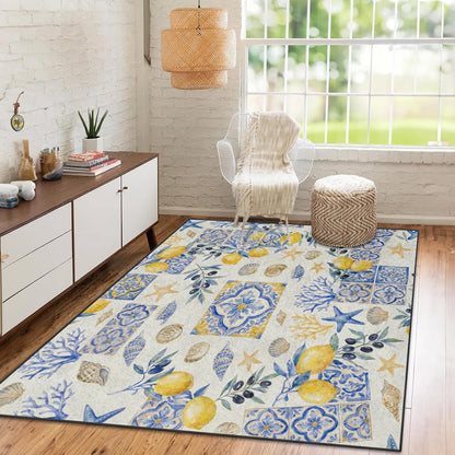 Area Rugs 3'x5' Washable Rug, Mediterranean Lemon Watercolor Stain Resistant Non Slip Backing Coastal Seashell Carpet for Living Room Bedroom Dining Room