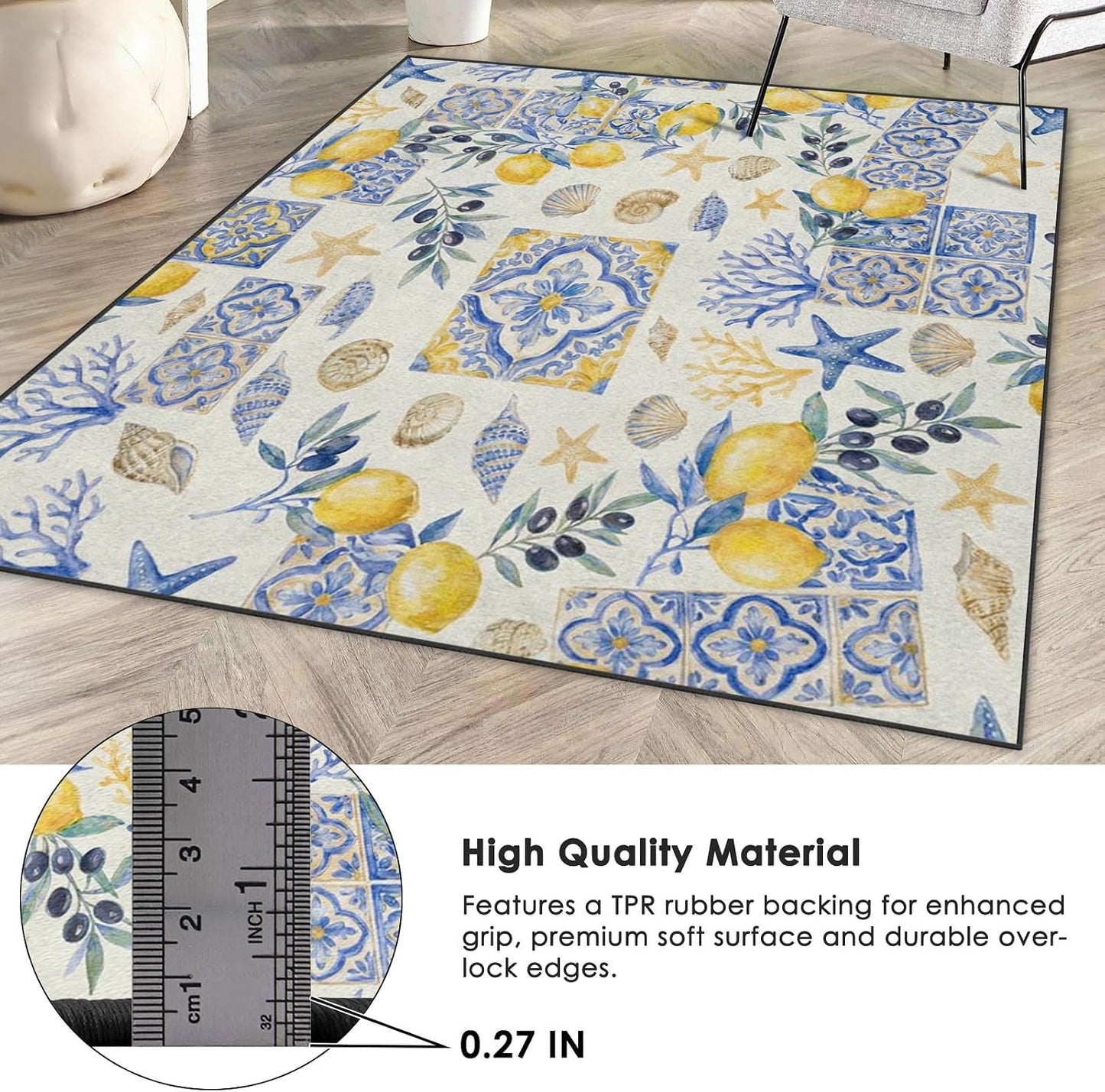 Area Rugs 3'x5' Washable Rug, Mediterranean Lemon Watercolor Stain Resistant Non Slip Backing Coastal Seashell Carpet for Living Room Bedroom Dining Room