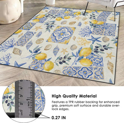 Area Rugs 3'x5' Washable Rug, Mediterranean Lemon Watercolor Stain Resistant Non Slip Backing Coastal Seashell Carpet for Living Room Bedroom Dining Room
