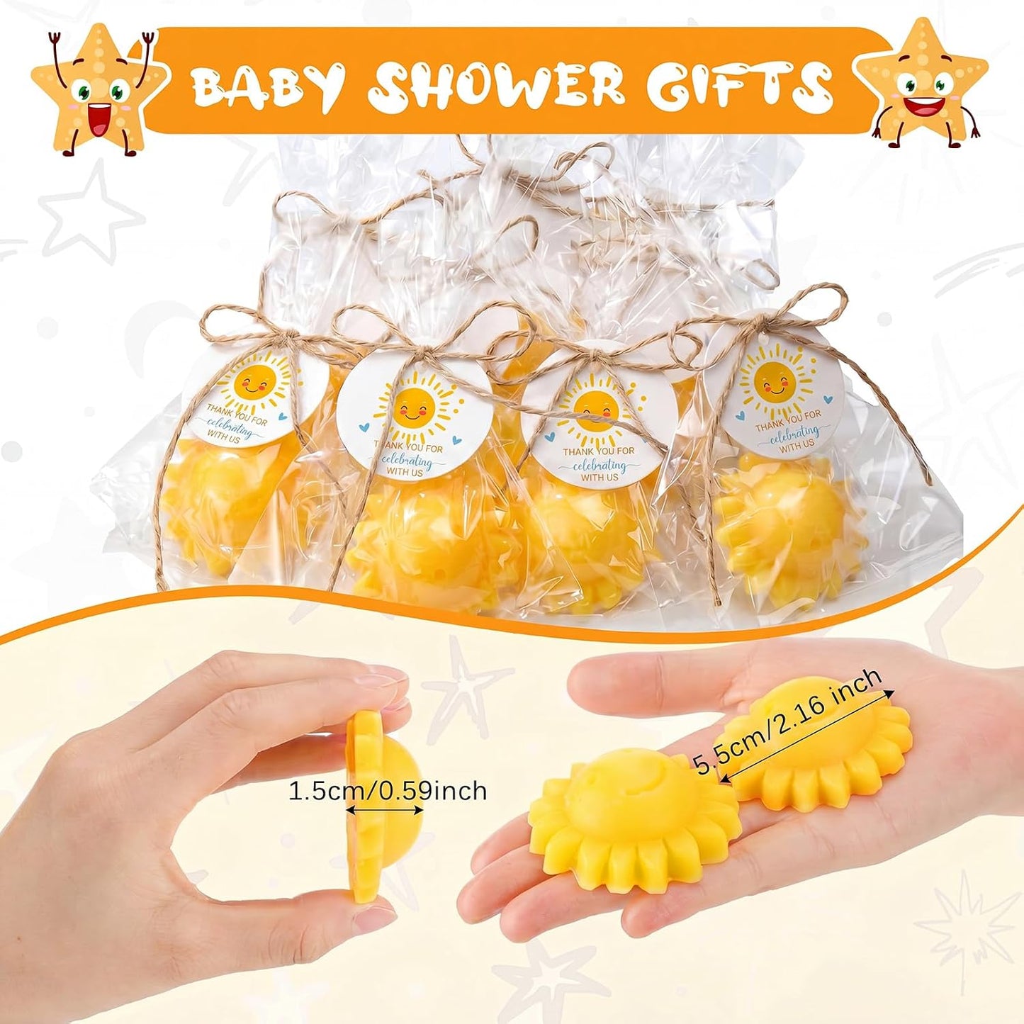 20 Pcs Sunflower Soap Here Comes the Son Baby Shower Favors Mini Sun Soap Party Favors Handmade Gifts with Thank You Card for Guest Wedding Baby Shower Birthday Party (Yellow)