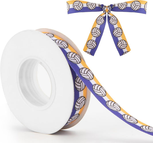 Volleyball Ribbon Navy Blue Yellow White 5/8 Inch 10 Yards Polyester Grosgrain Ribbon for Gift Wrapping, Crafts, Hair Bows, Sports, Parties
