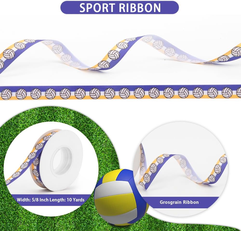 Volleyball Ribbon Navy Blue Yellow White 5/8 Inch 10 Yards Polyester Grosgrain Ribbon for Gift Wrapping, Crafts, Hair Bows, Sports, Parties