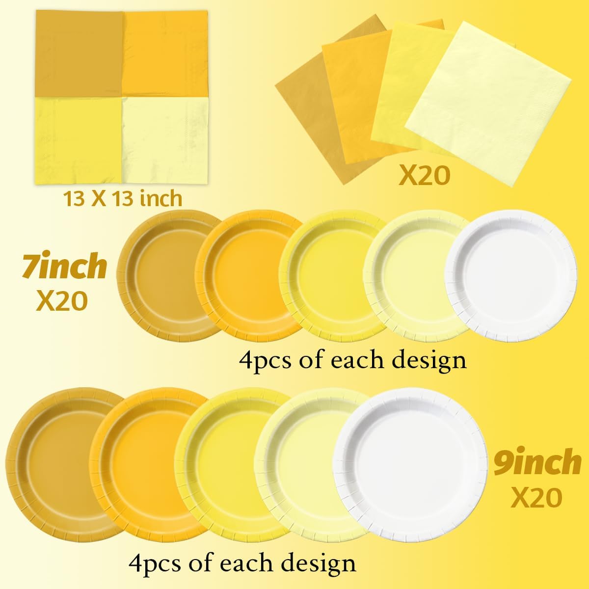 Yellow Birthday Decorations - 60pcs Light Yellow Plates and Napkin Gradient Disposable Tableware for Birthday,Baby Shower,Wedding