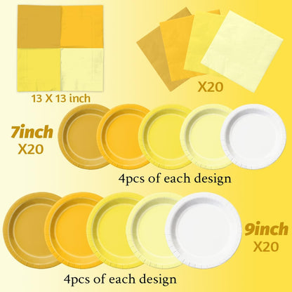 Yellow Birthday Decorations - 60pcs Light Yellow Plates and Napkin Gradient Disposable Tableware for Birthday,Baby Shower,Wedding