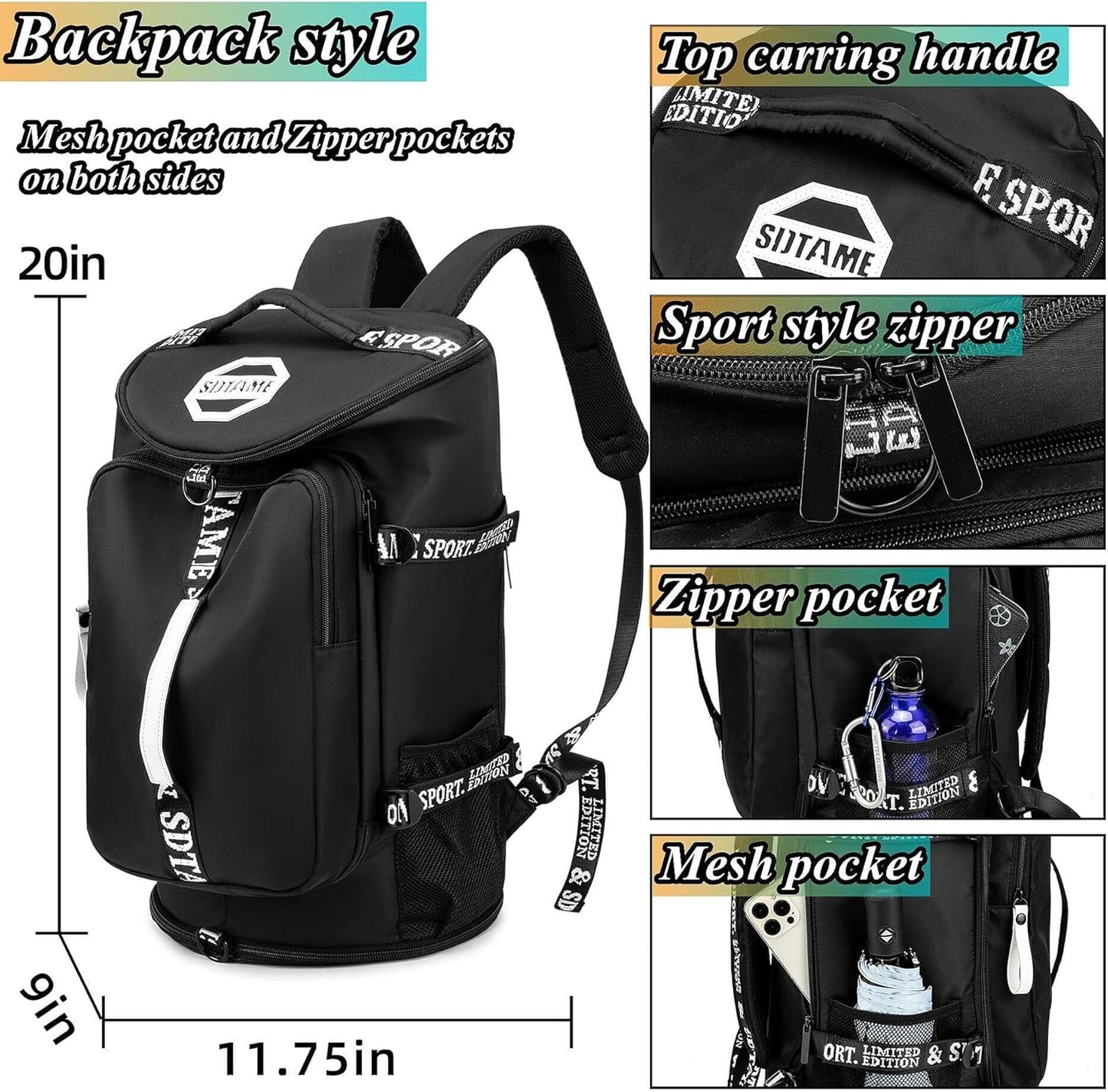 SDTAME Gym Duffel Backpack with Shoe Pocket & Laptop Sleeve
