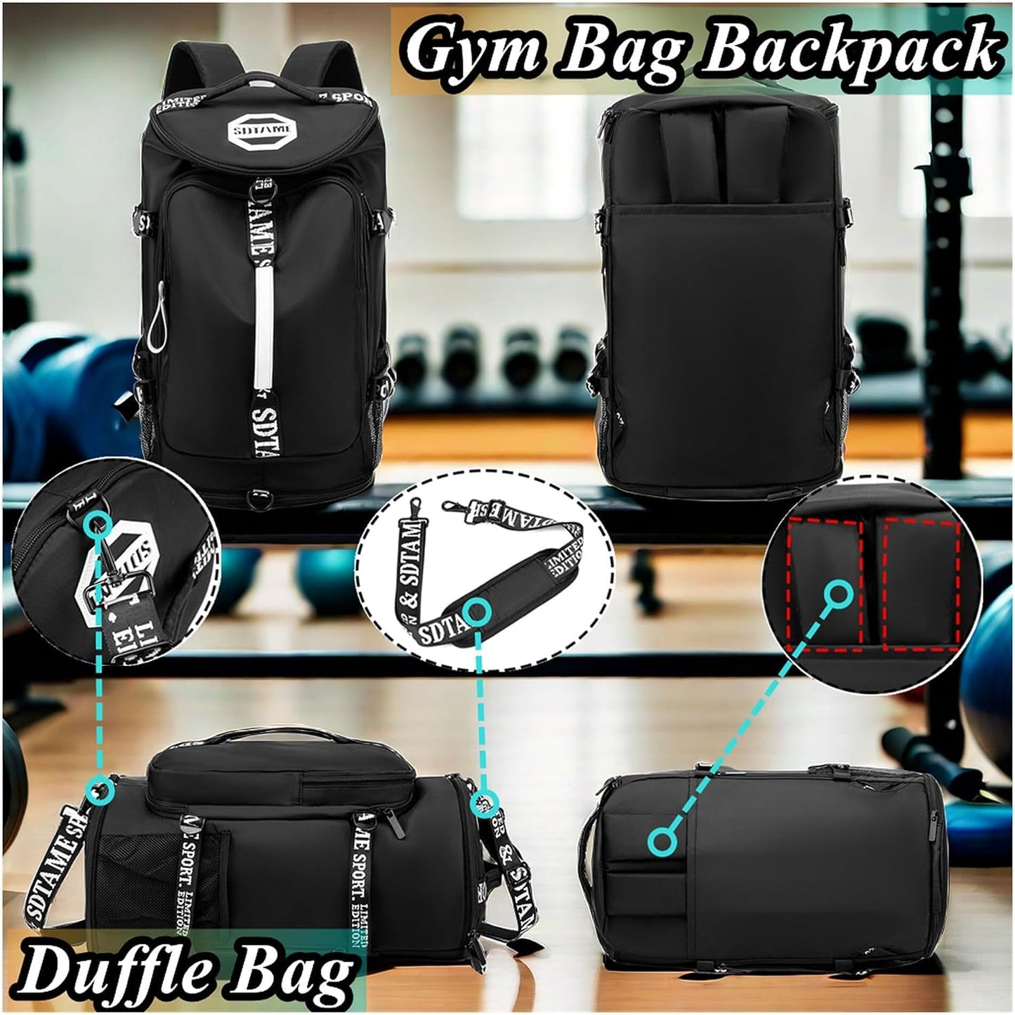 SDTAME Gym Duffel Backpack with Shoe Pocket & Laptop Sleeve
