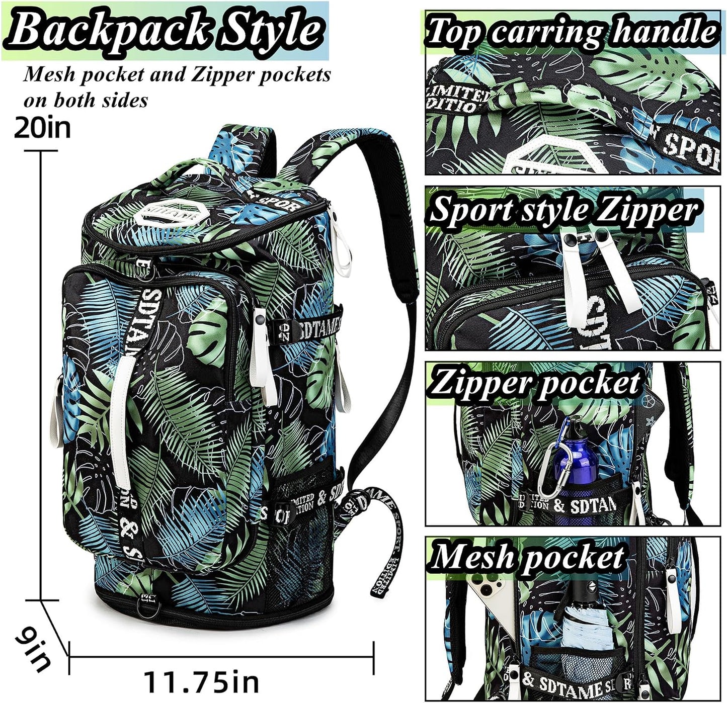 SDTAME Gym Duffel Backpack with Shoe Pocket & Laptop Sleeve