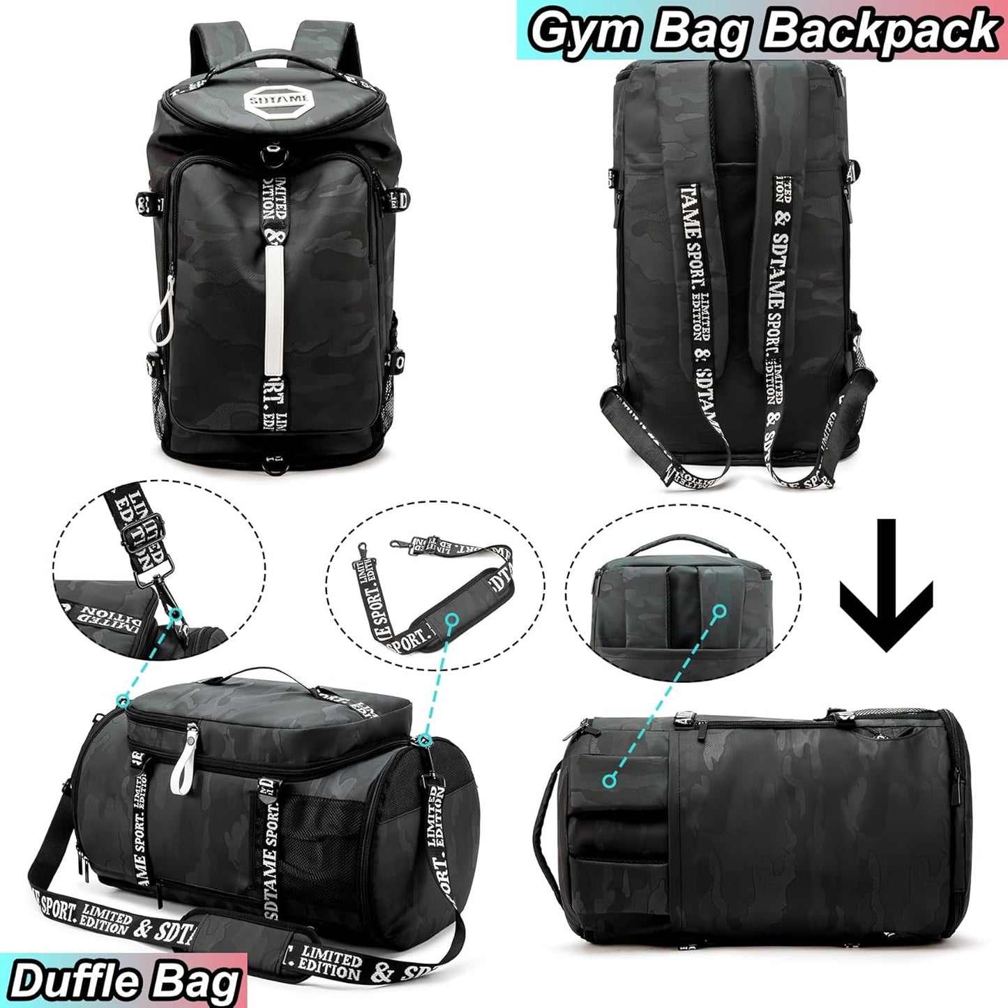 SDTAME Gym Duffel Backpack with Shoe Pocket & Laptop Sleeve