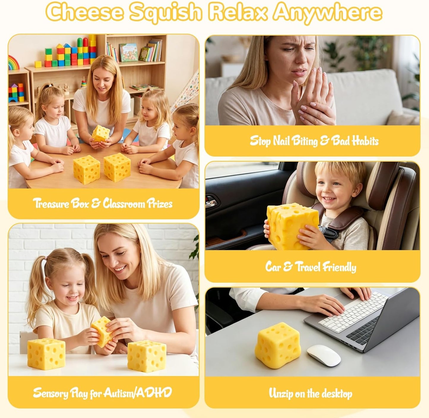 Yellow Jumbo 3.94in Cheese Squishy Fidget Toys, Soft Squeeze Cheese Block, Soft Novelty Toy, Sensory Stress Relief Fidget Toy for Adults & Kids